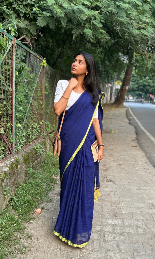 Plain Mul Cotton Saree- Dark Blue