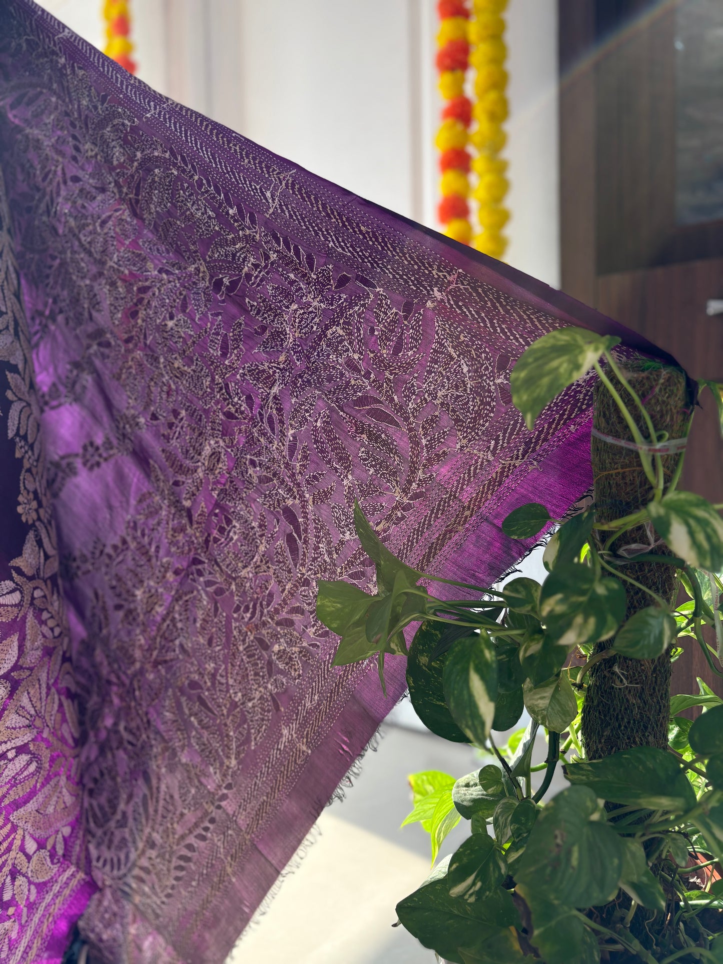 Kantha Hand Embroidary Full Work Pure Banglore Silk Dupatta. (With Silk Mark)