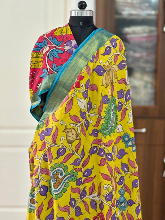 Pen Kalamkari hand painted pure cotton Saree with blouse