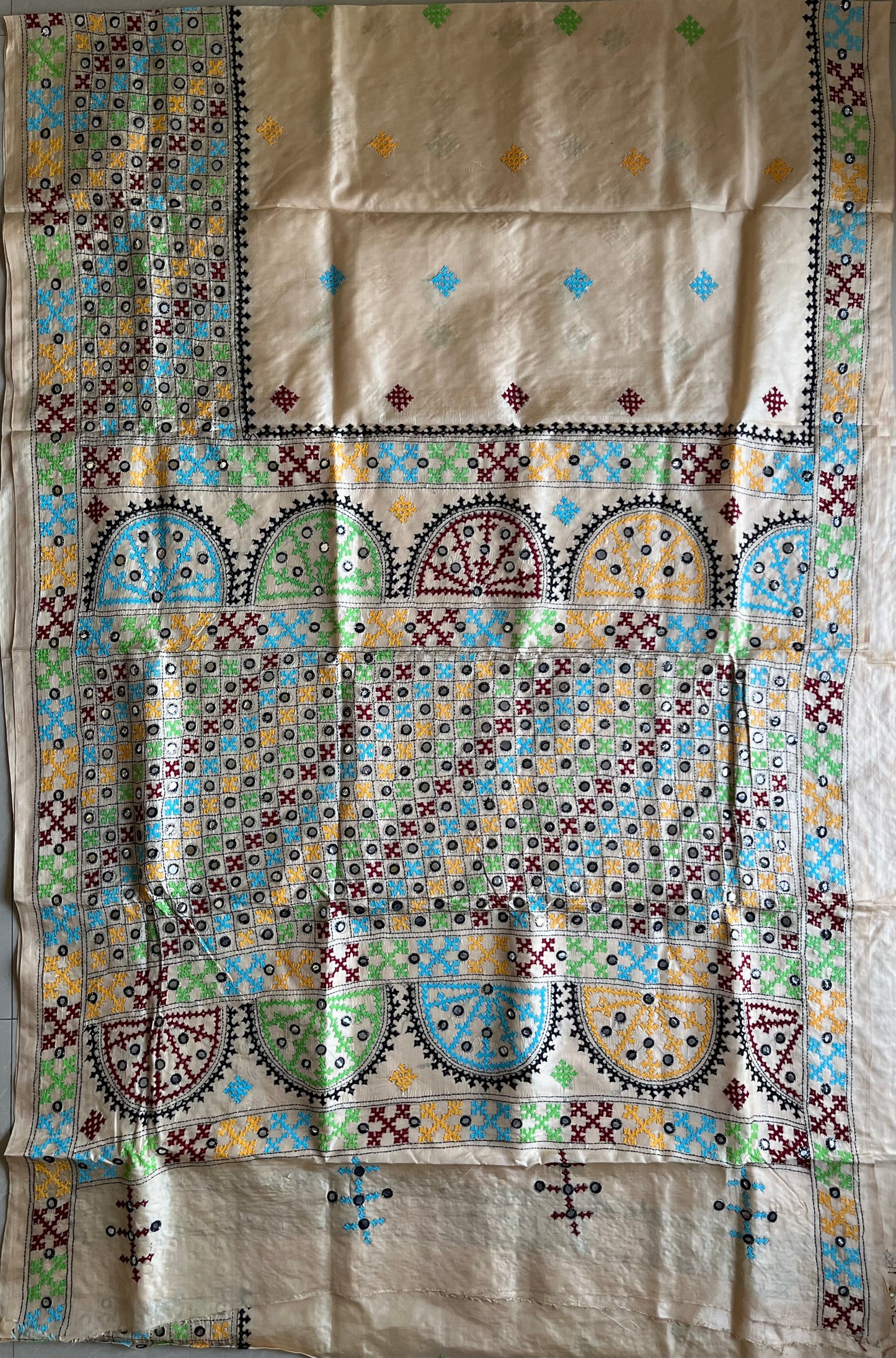 Gujrati/Kutchi Work Hand Embroidered Tusshar Silk Saree