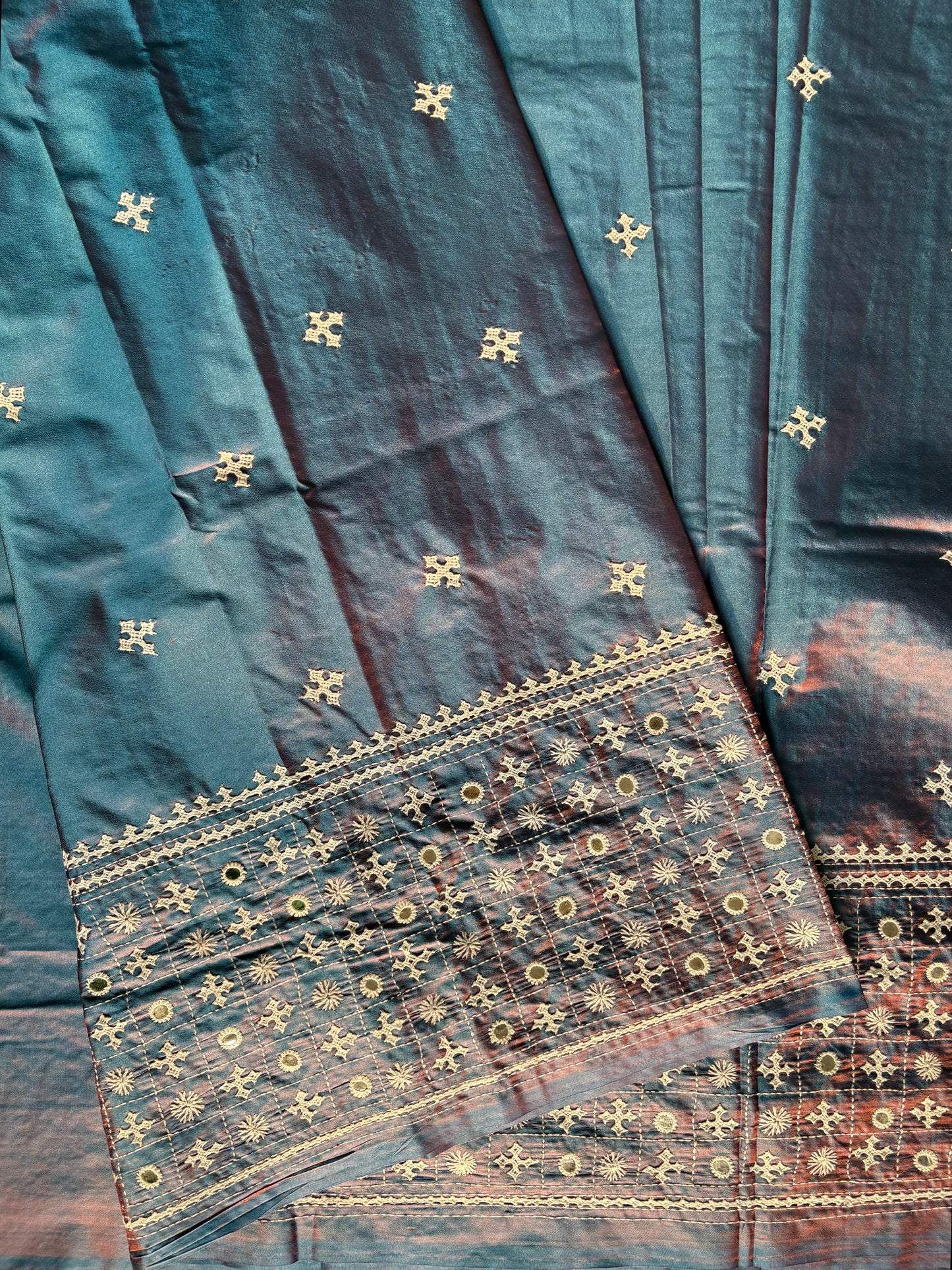 Gujrati Stitch/Kutch Hand Embroidered Art Silk Saree