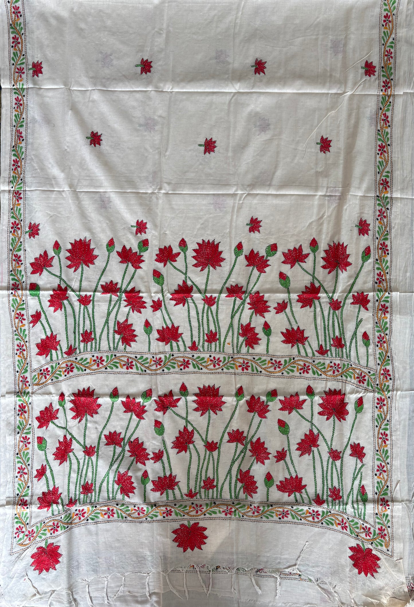Kantha stitch Khadi Cotton Saree - off white