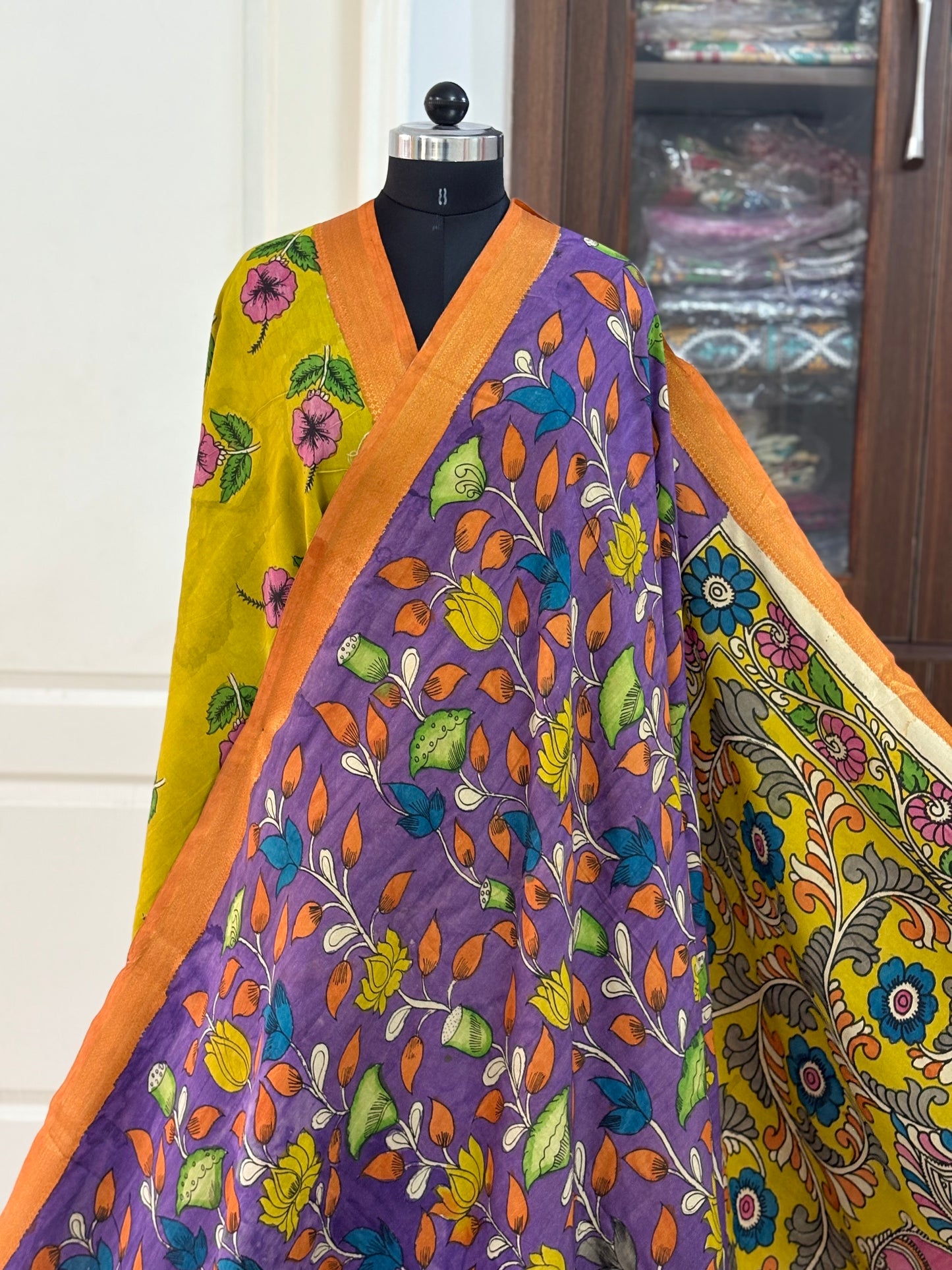 Pen Kalamkari hand painted pure cotton Saree with blouse