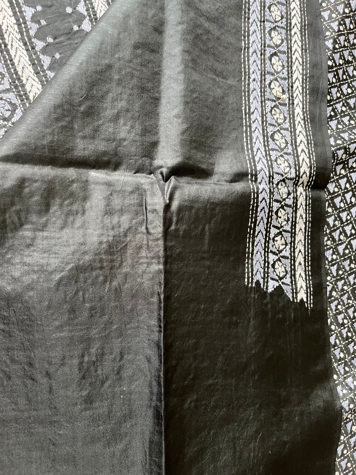 Black Kantha Stitch Hand Embroidered Pure Banglore Silk Saree (Silk Marked)