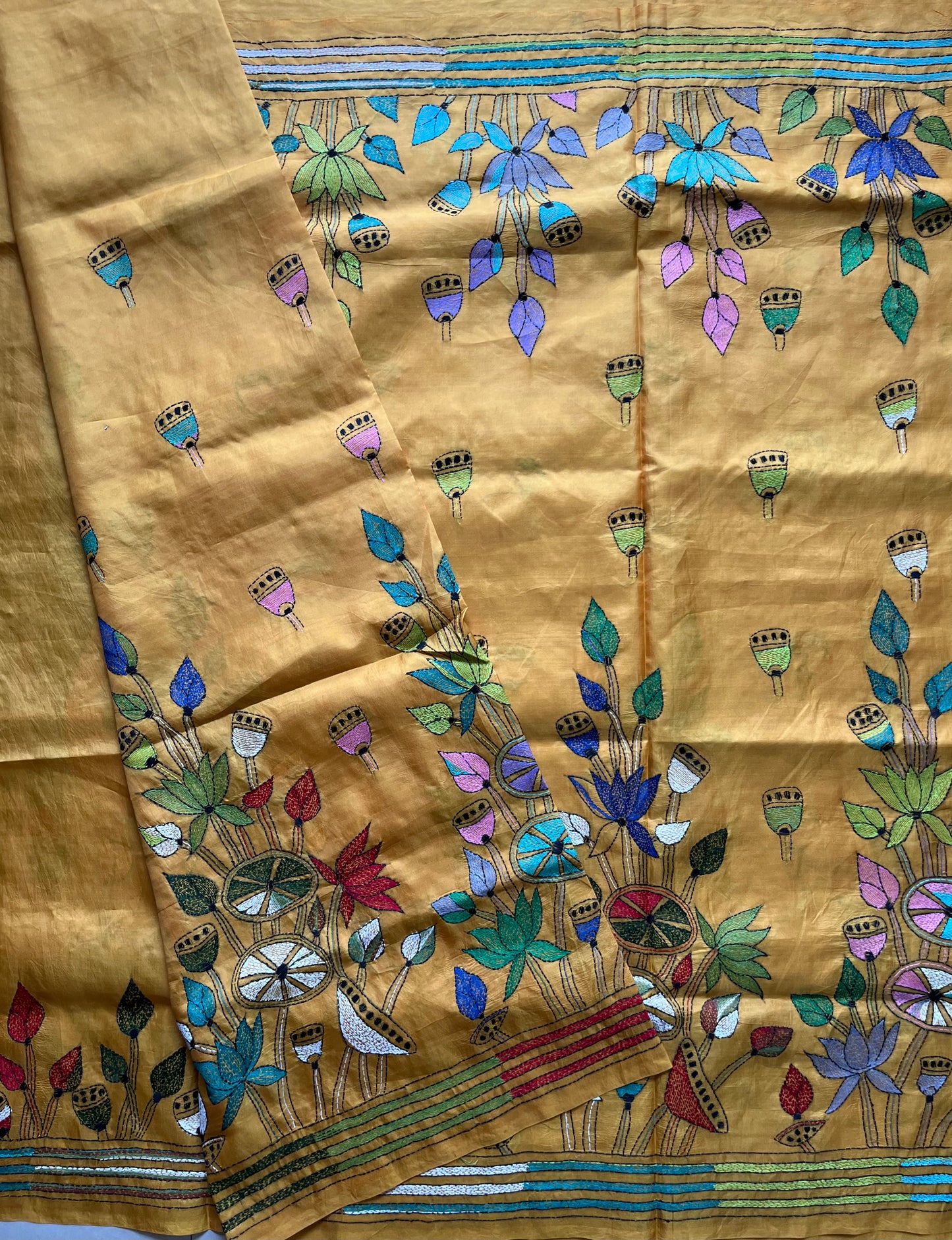 Kantha Hand Embroidered Pure Bangalore Silk Saree (Silk Marked)