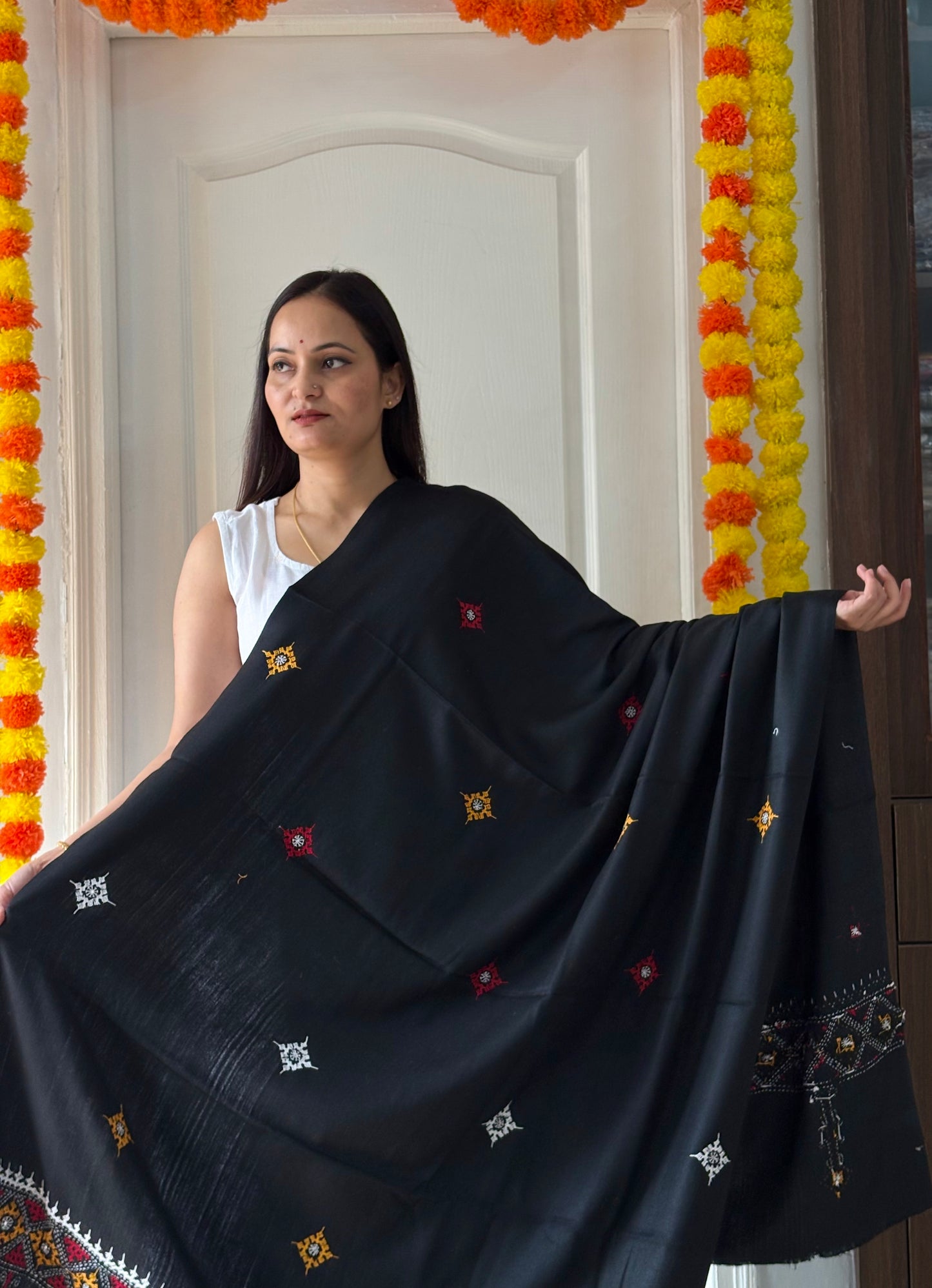 Gujrati Stitch Hand Embroidered Woollen Warm Shawl