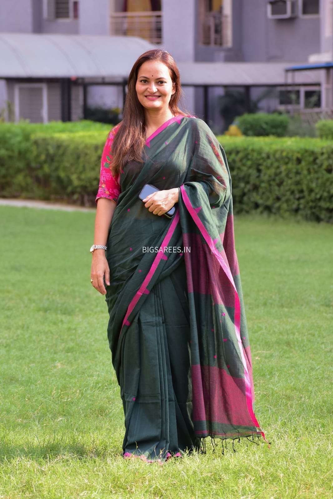 Hand woven Pure Cotton Saree (Handloom Marked) - Green