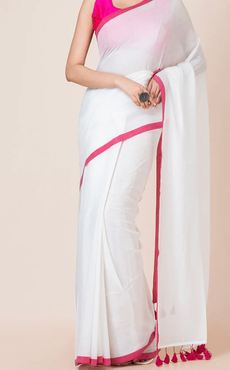 Plain Mul Cotton Saree- White Pink