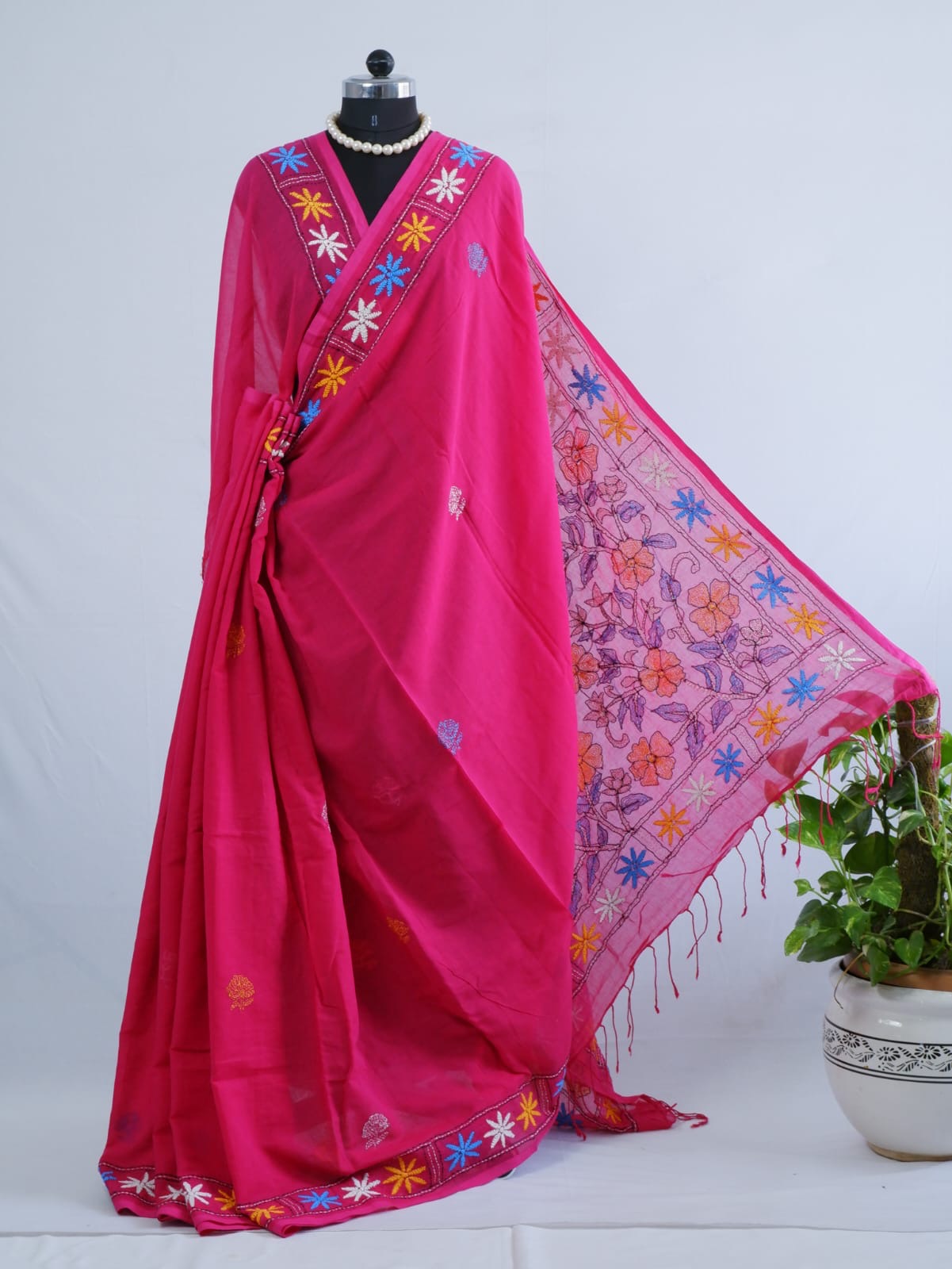 Kantha stitch Hand Embroidered Pure mul Cotton Saree