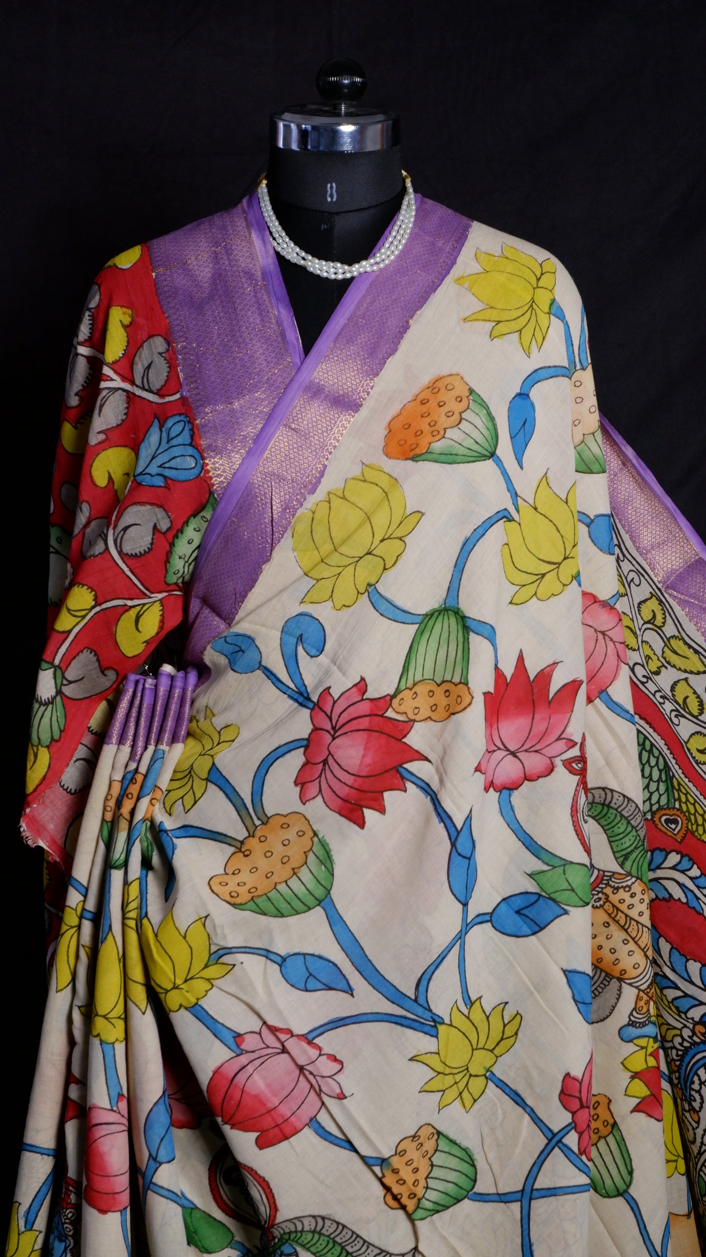 Pen Kalamkari hand painted pure cotton Saree with blouse