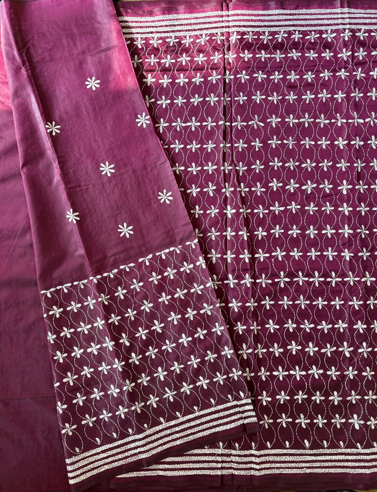 Kantha Stitch Hand Embroidered Art Silk Saree With Blouse