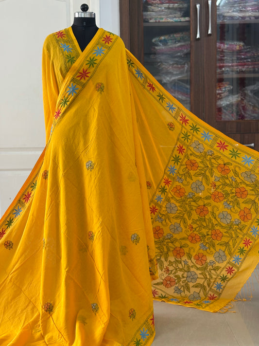 Kantha stitch Hand Embroidered Pure mul Cotton Saree