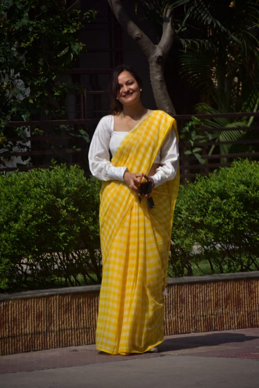 Checkered Mul Cotton Saree With Ikat Blouse | Ultra Lightweight | Sunshine Yellow