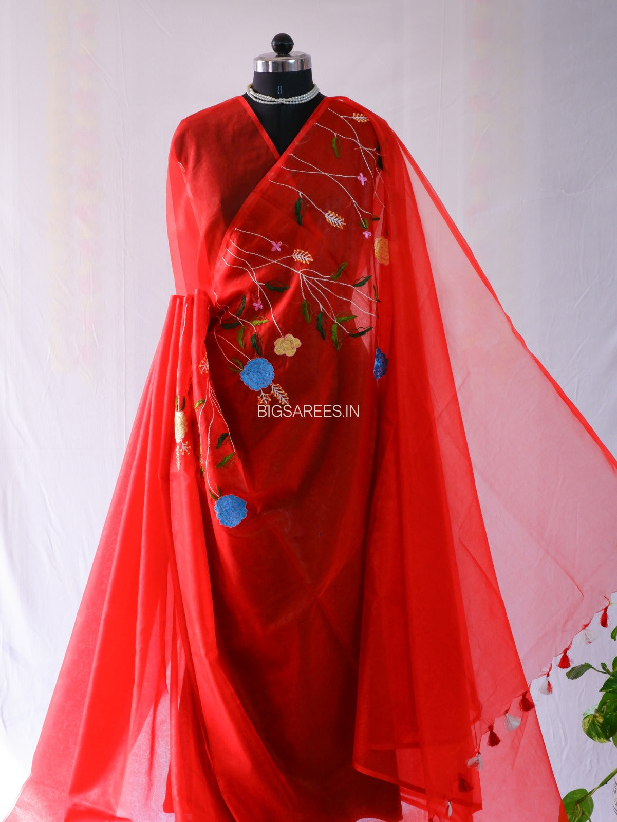 Designer Embroidered Semi Organza Silk Saree | Red