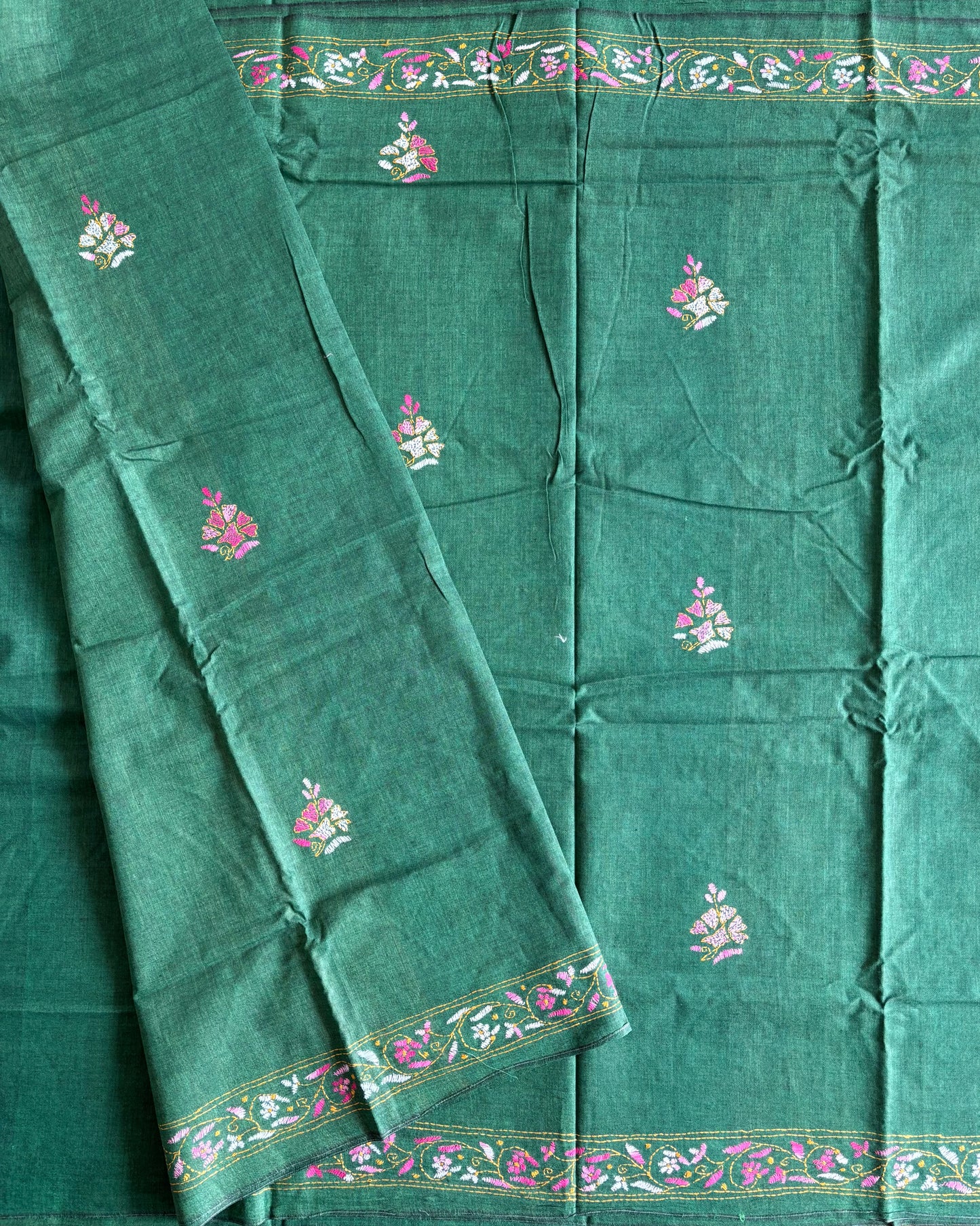 Kantha stitch Khadi Cotton Saree - Green