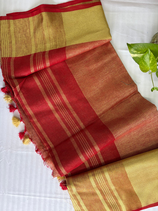 Red golden pure Linen By Linen Saree With running Blouse