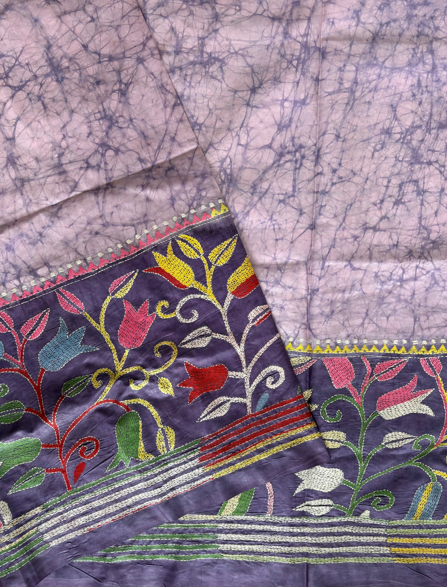 Kantha Hand Embroidered Blended Banglore Silk/Art Silk Saree With Blouse