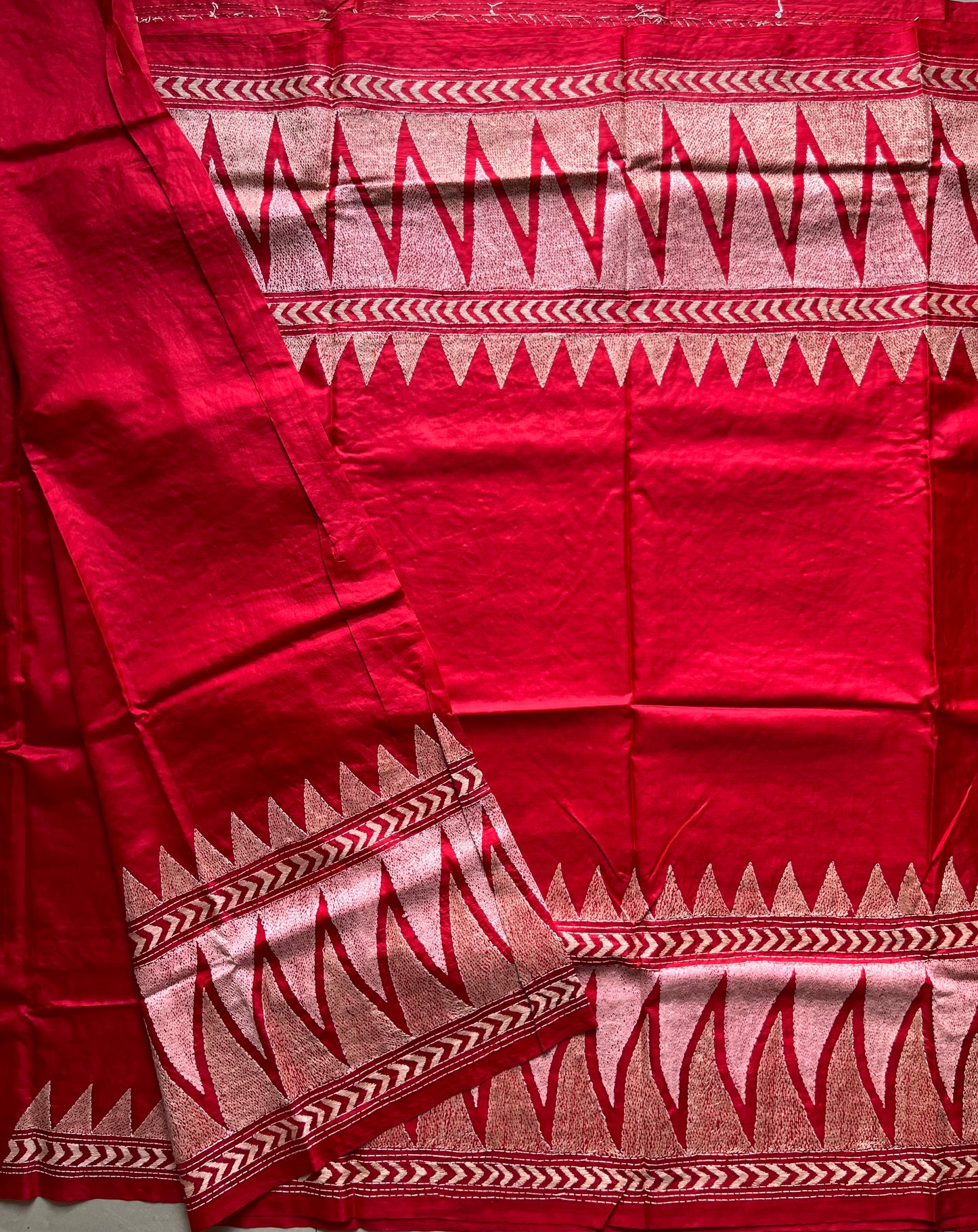 Red Kantha Stitch Hand Embroidered Pure Banglore Silk Saree