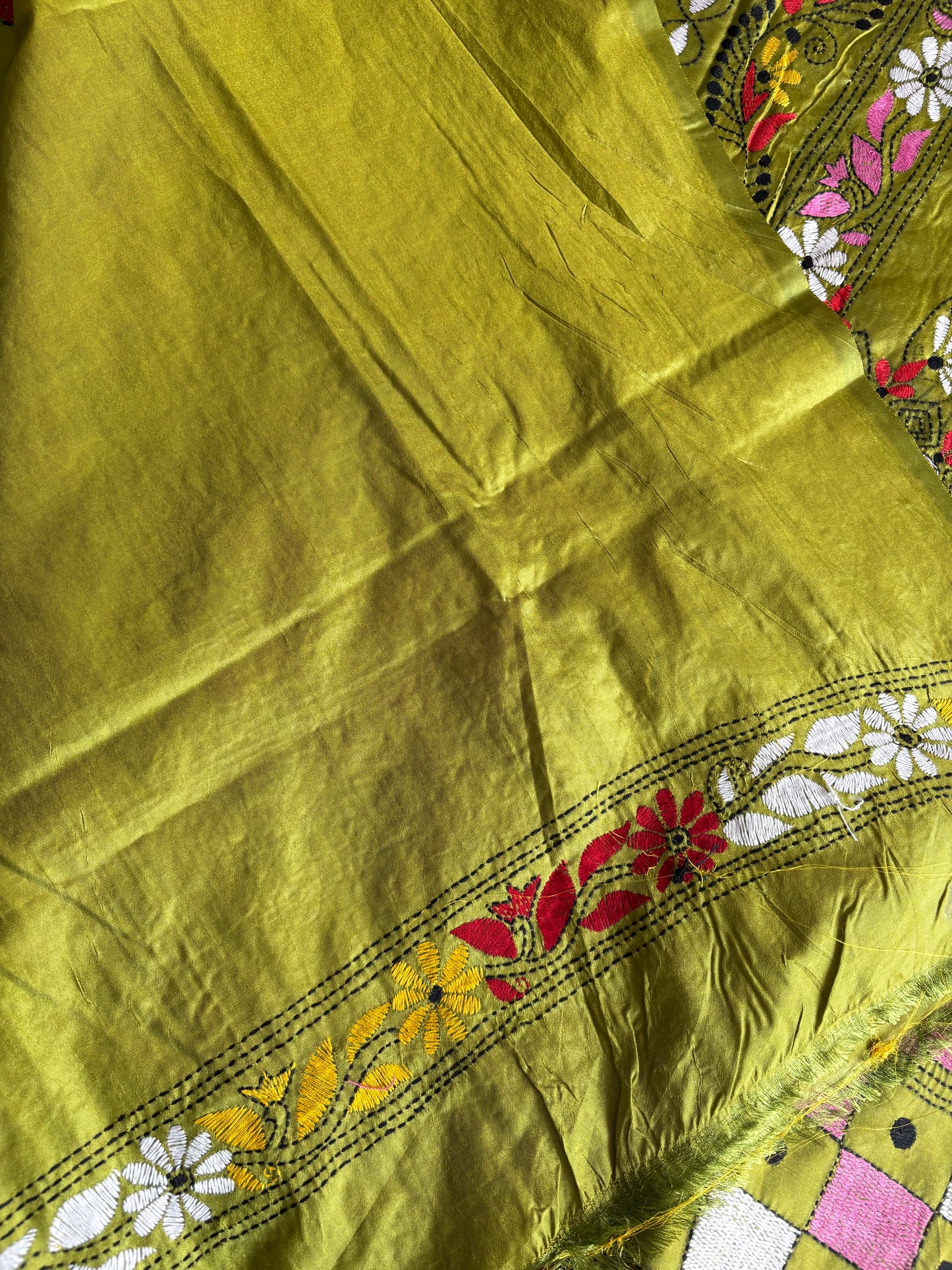 Black Kantha Hand Embroidered Blended Banglore Silk/Art Silk Saree With Blouse