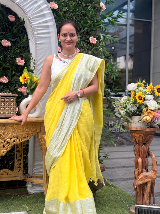 Yellow Silver pure Linen By Linen Saree With running Blouse