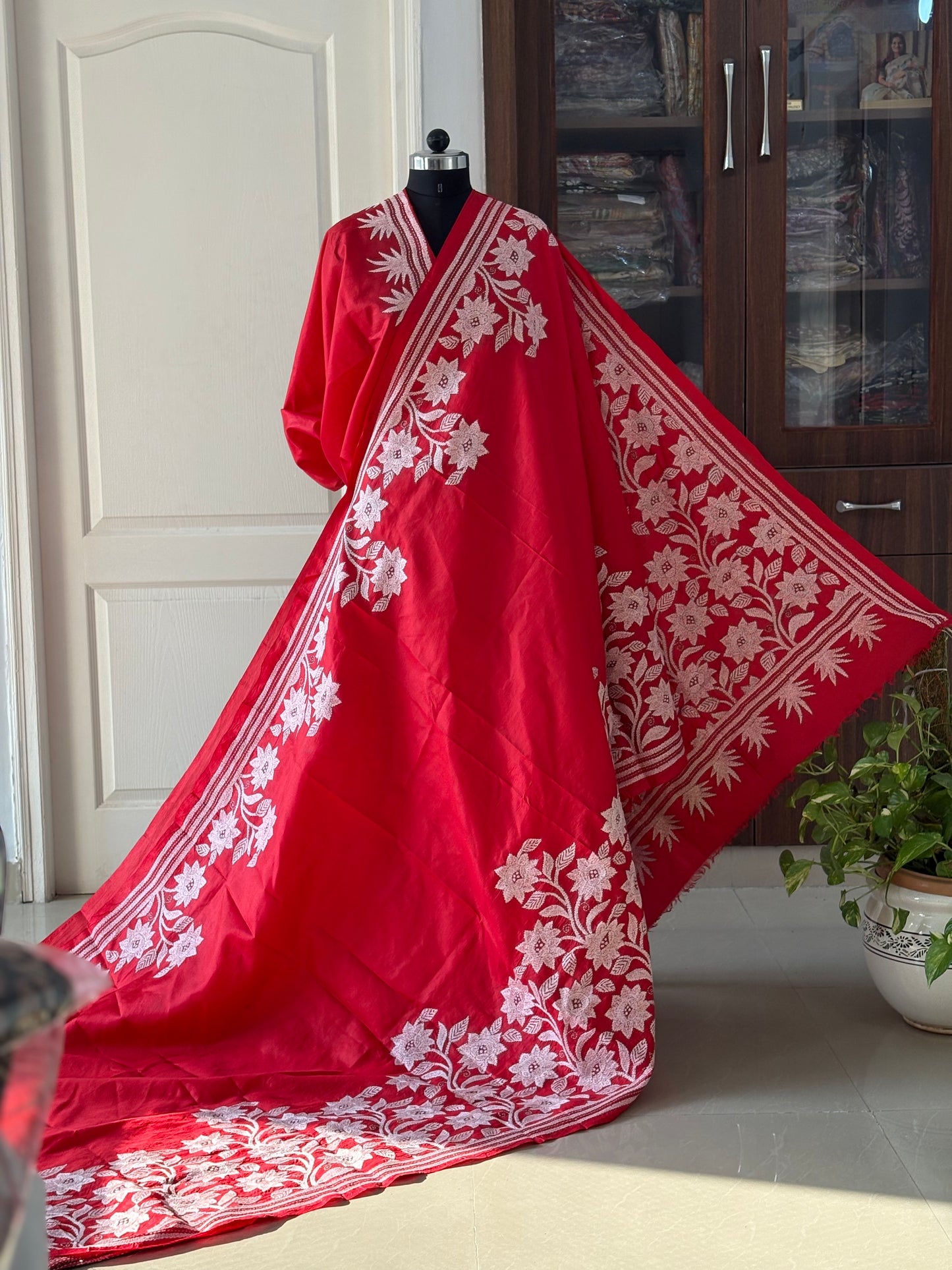 Kantha Stitch Hand Embroidered Pure Banglore Silk Saree (Silk Marked)