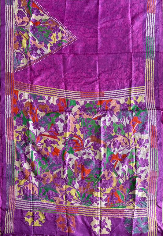 Reverse Kantha Hand Embroidered Blended Banglore Silk/Art Silk Saree With Blouse