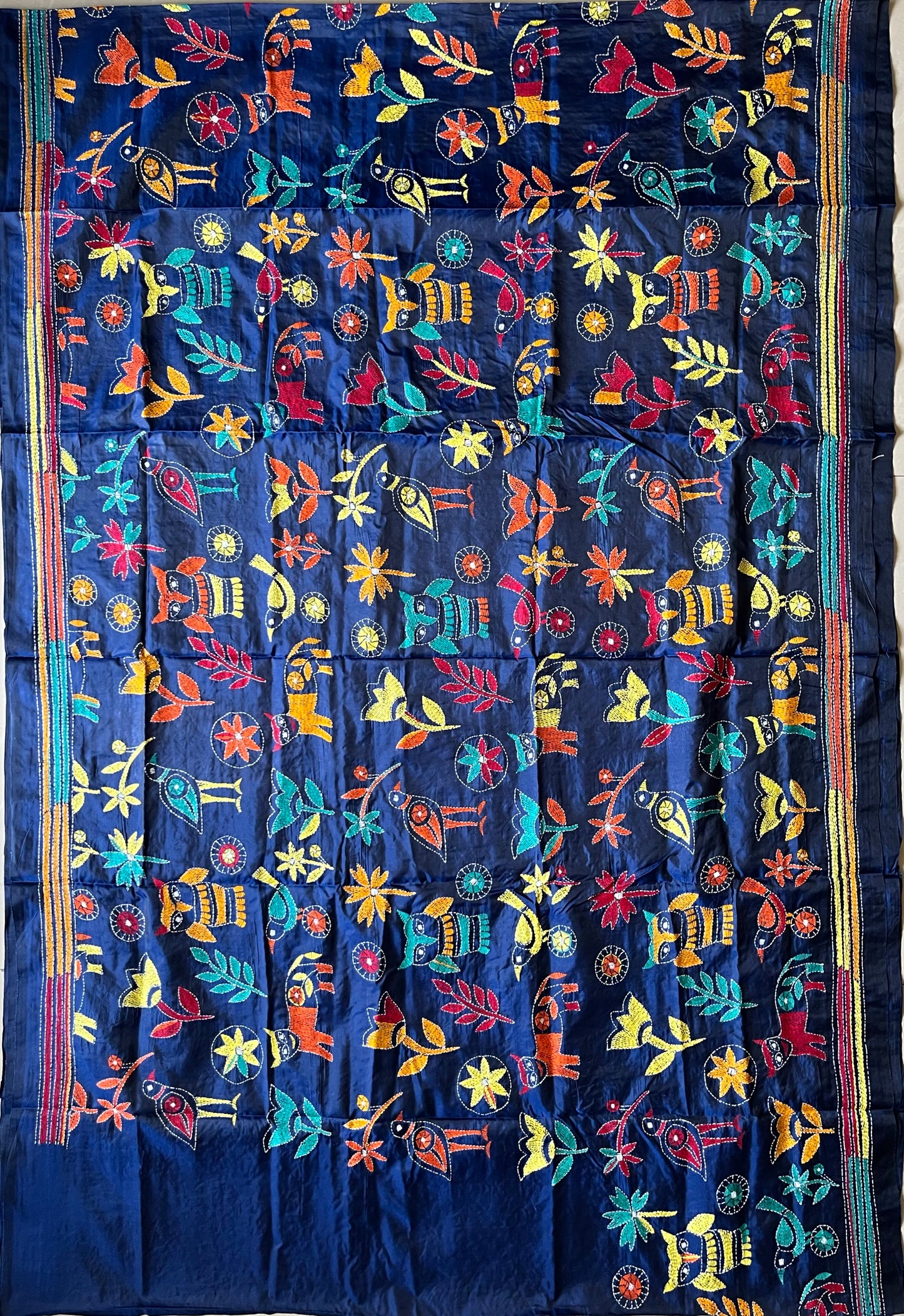 Kantha Stitch Hand Work Embroidered Art Silk Saree With Blouse