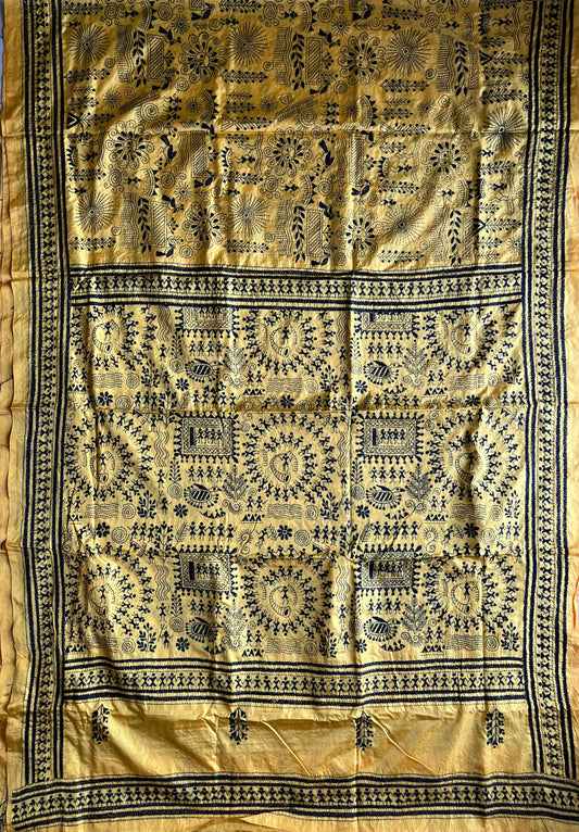 Yellow Kantha Hand Work Embroidered Art Silk Saree With Blouse