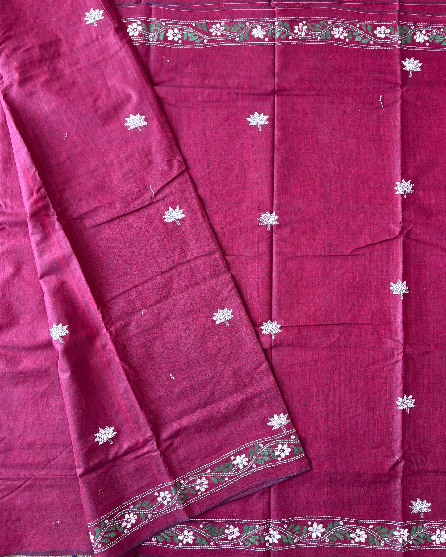 Kantha stitch Khadi Cotton Saree - Maroon