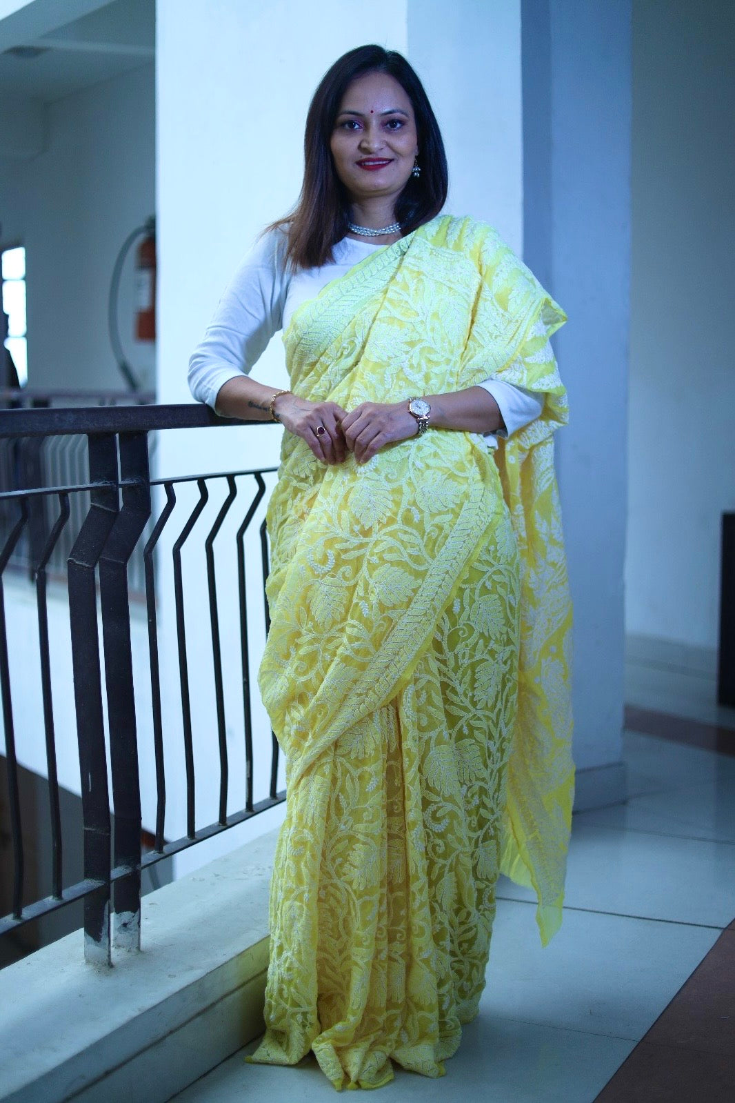 Yellow Georgette Chikankari Work Hand Embroidered Saree