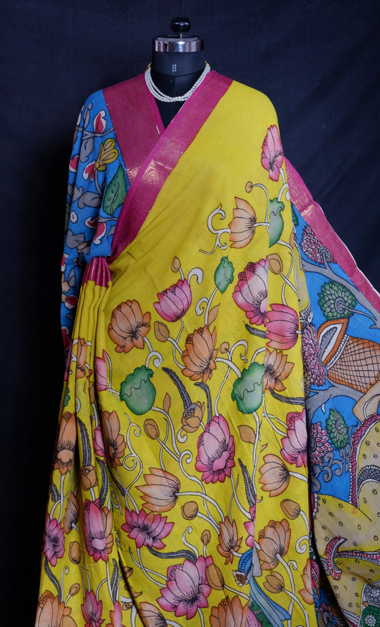 Pen Kalamkari hand painted pure cotton Saree with blouse