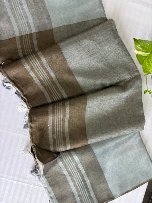 Brown silver pure Linen By Linen Saree With running Blouse