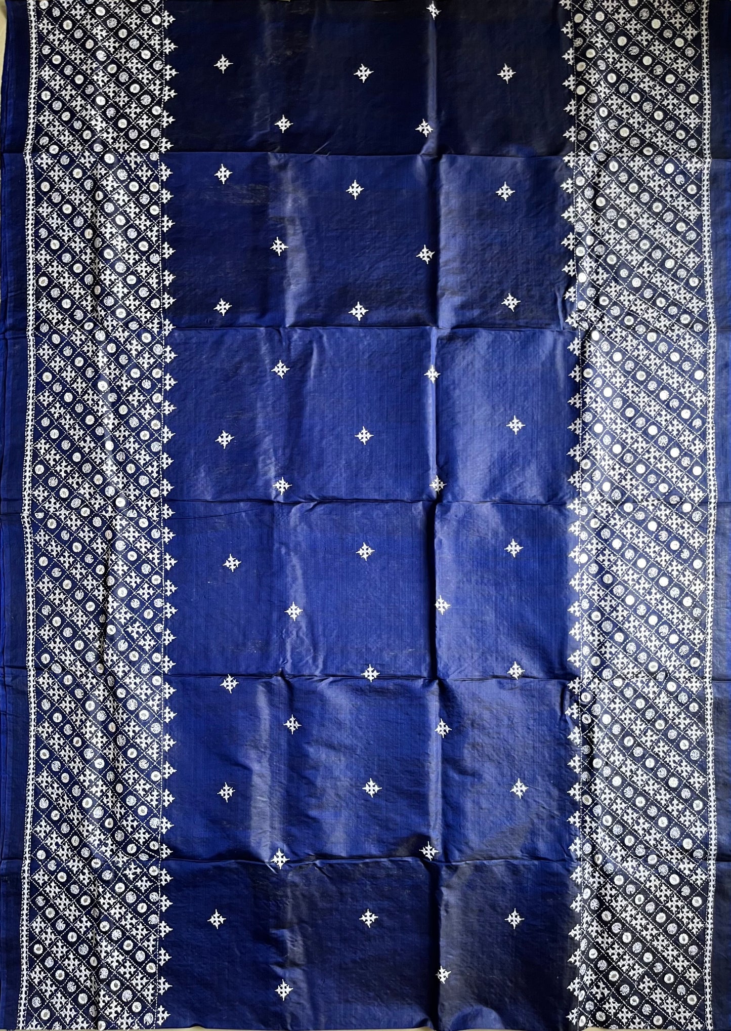 Navy Blue Kutch Hand Embroidered Pure Banglore Silk Saree