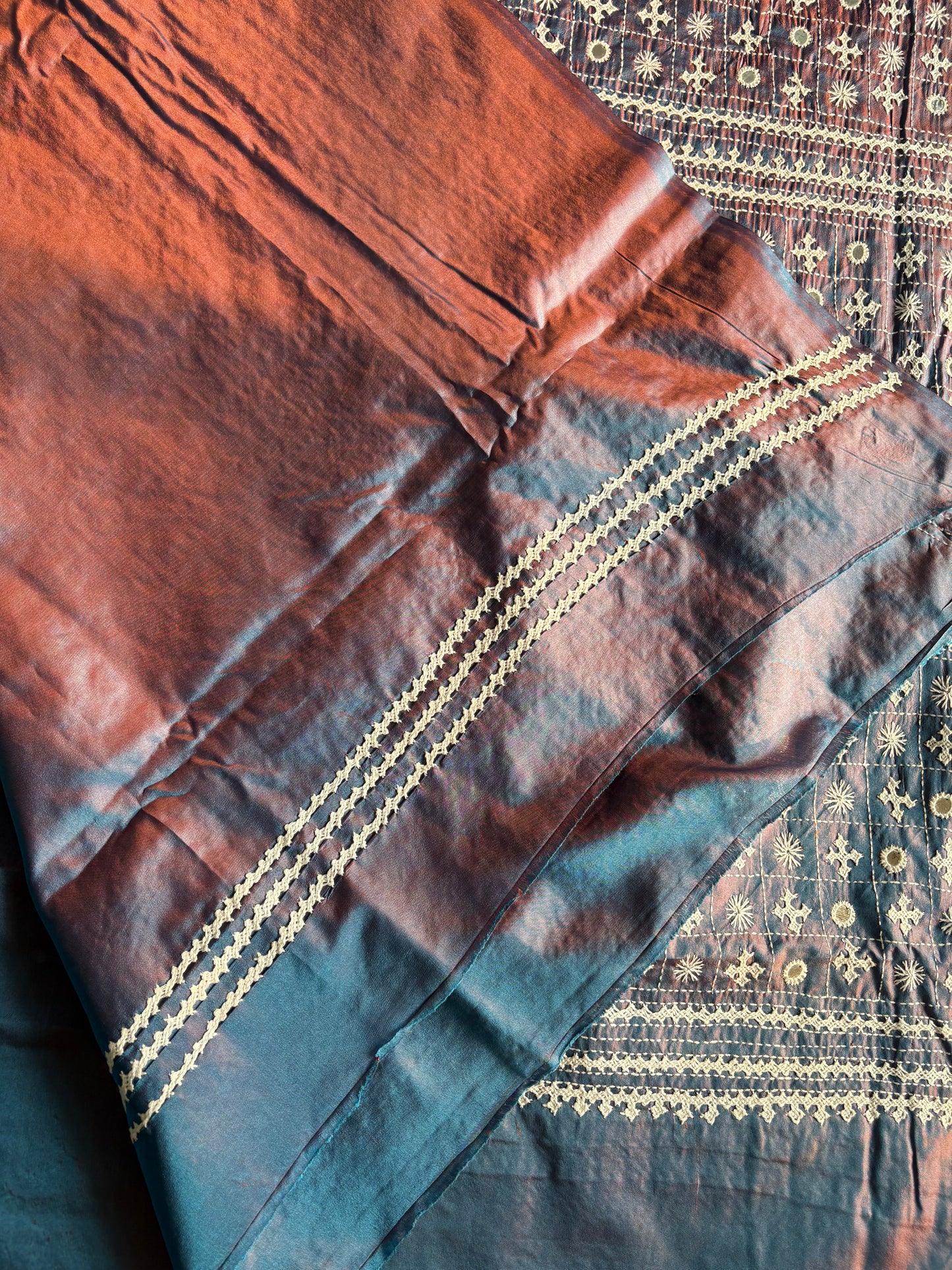 Gujrati Stitch/Kutch Hand Embroidered Art Silk Saree