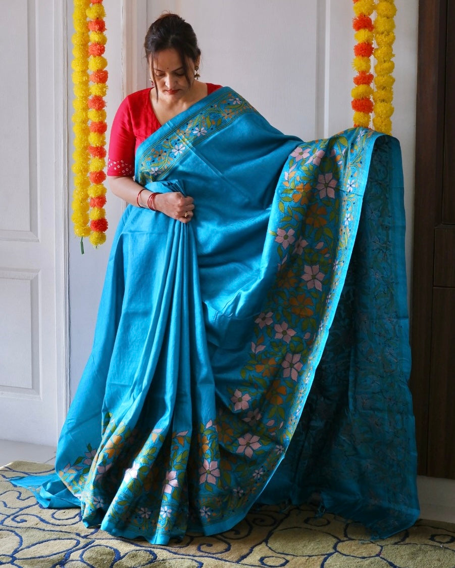 Kantha Hand Embroidered Saree With Blouse | Pure Gachi by Gachi Tussar Silk | Silk Mark Certified | Blue
