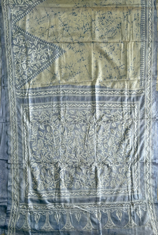 Kantha Stitch Hand Work Embroidered Art Silk Saree With Blouse