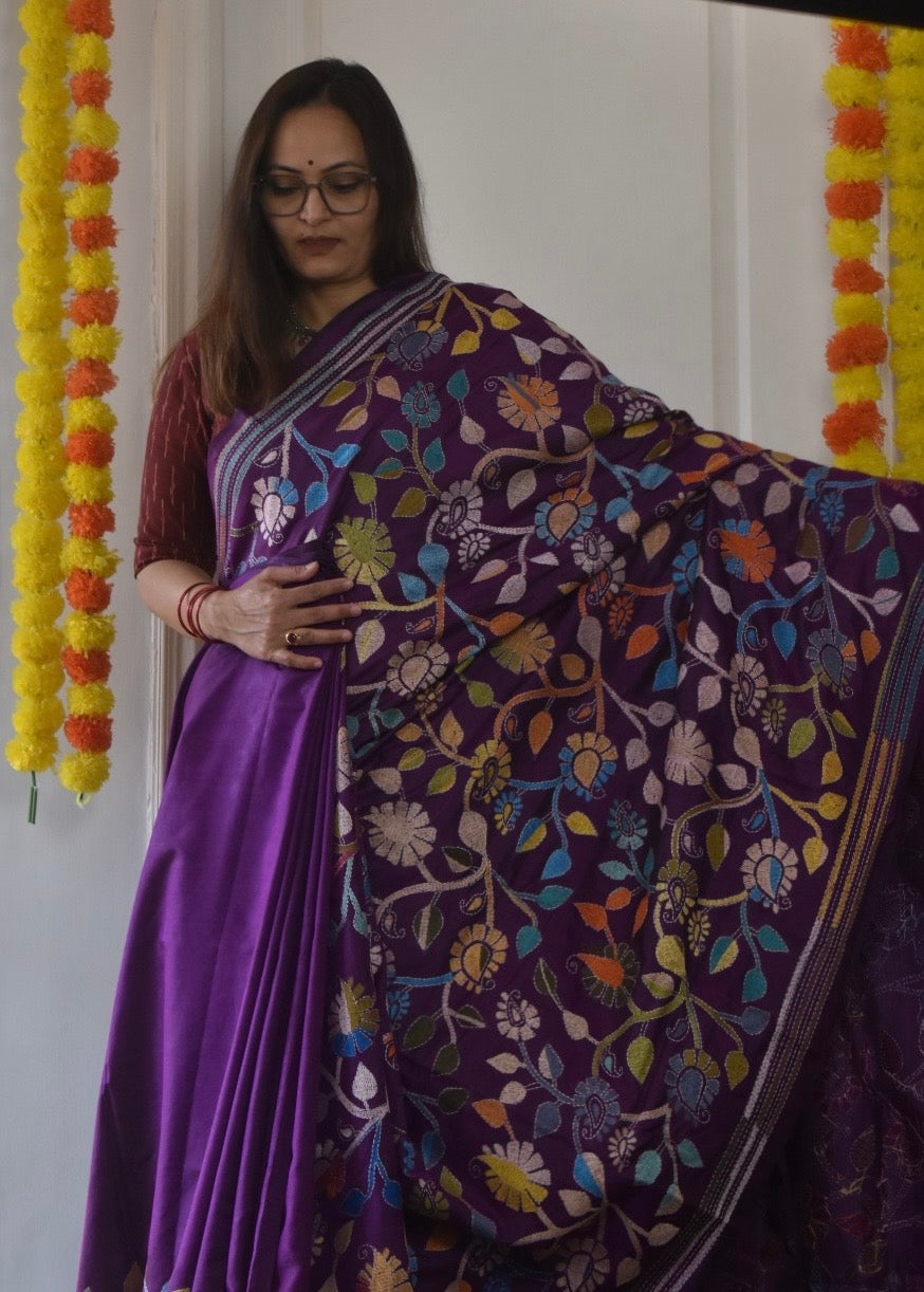 Kantha Hand Embroidery Pure Silk Saree – flowers
