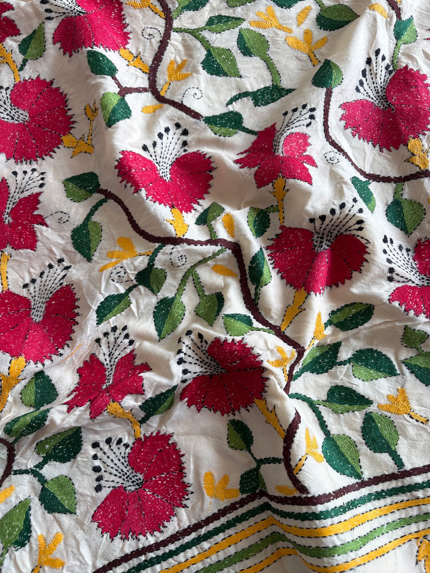 Off White Kantha Hand Embroidered Tussar Silk Saree