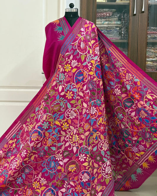 Kantha Stitch Hand Embroidered Pure Banglore Silk Batik Saree (Silk Marked)