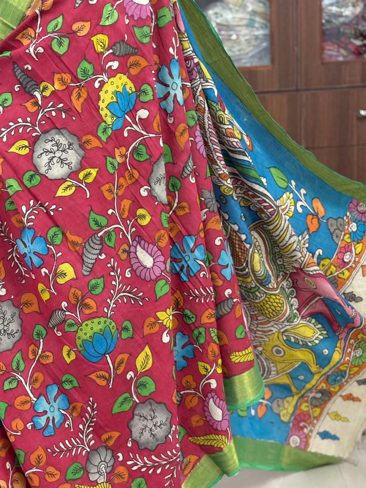 Pen Kalamkari hand painted pure cotton Saree with blouse