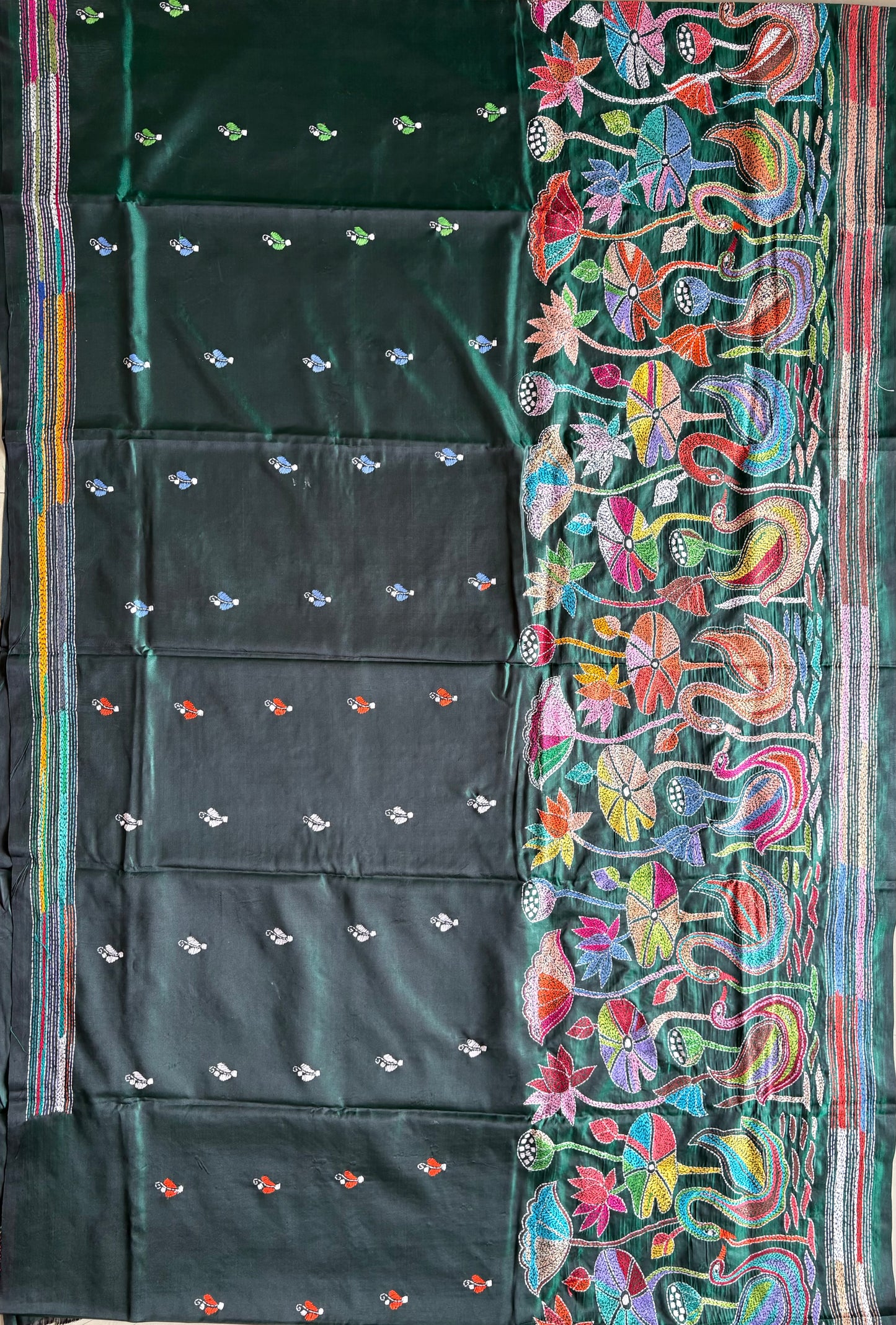 Bottle Green Kantha Stitch Hand Work Embroidered Art Silk Saree With Blouse