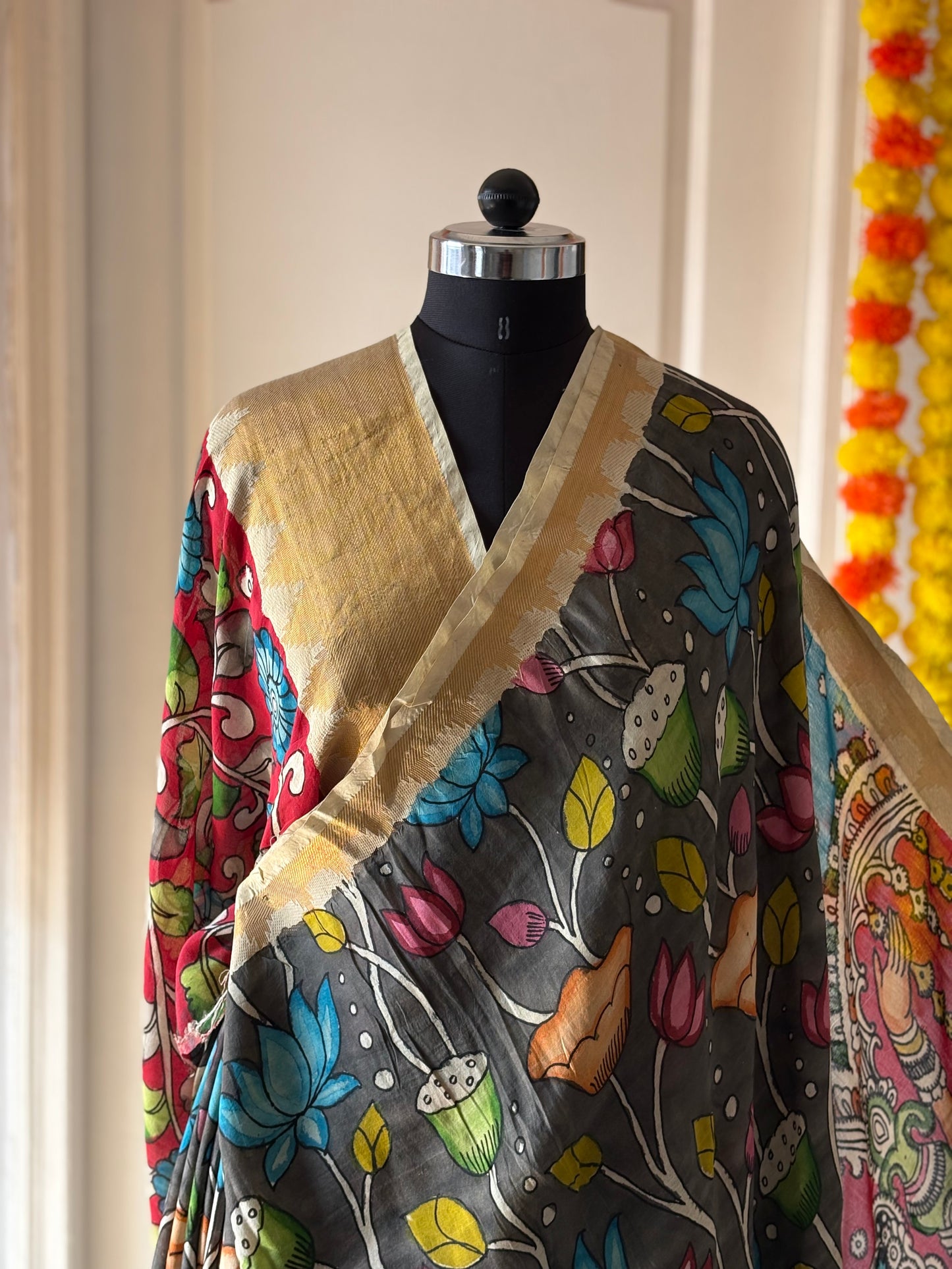 Pen Kalamkari hand painted Banglore Silk Saree with blouse