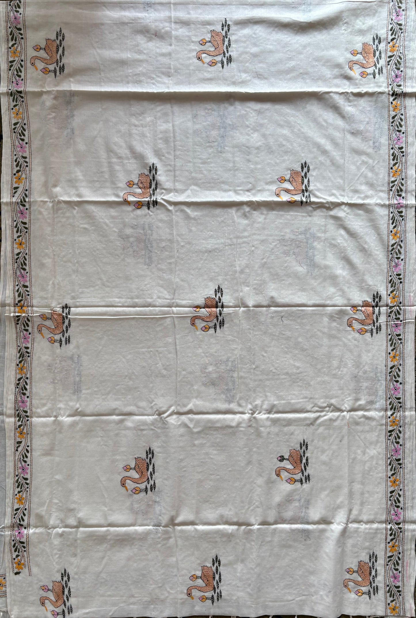 Kantha stitch Khadi Cotton Saree - Off white