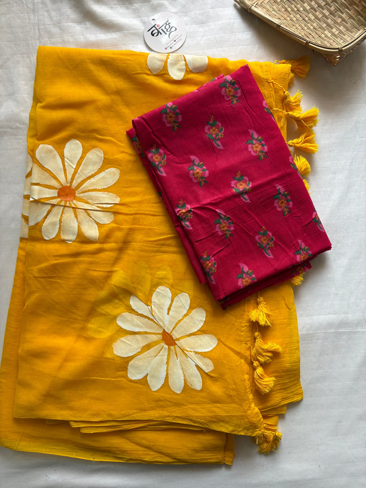 Hand Painted Mul Cotton Saree with Blouse | Yellow