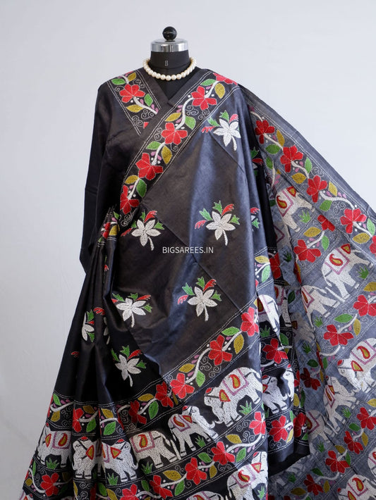 Kantha Stitch Hand Embroidered Saree | Pure Tussar Silk | Silk Mark Certified | Black