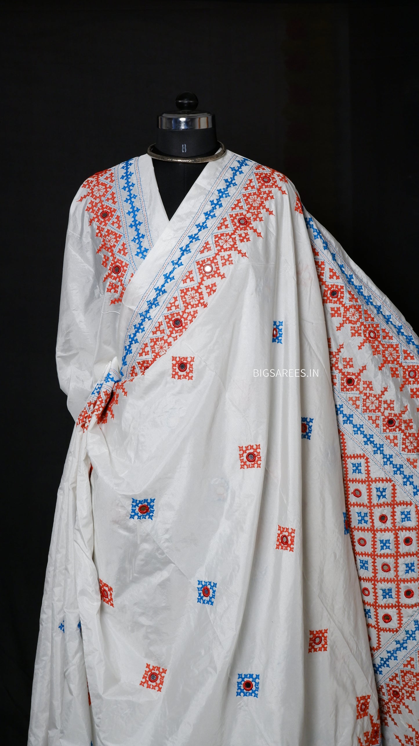 Heavy real mirror work Gujrati Stitch/Kutchi Bharat/Sindhi Hand Embroidered Art Silk Saree with blouse