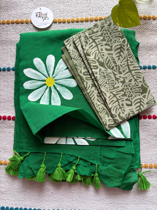 Hand Painted Mul Cotton Saree with Blouse | Green
