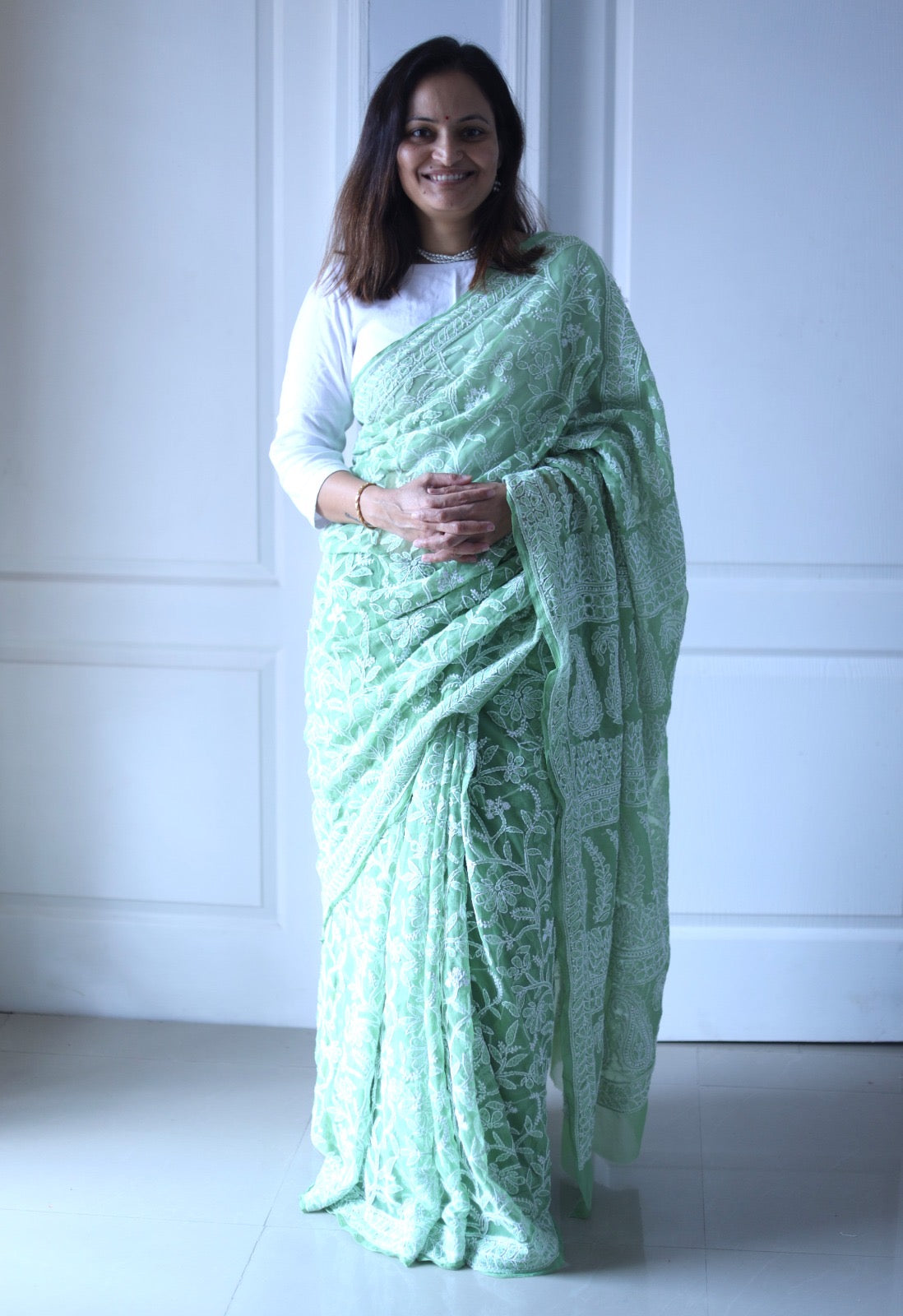 Green Georgette Chikankari Work Hand Embroidered Saree