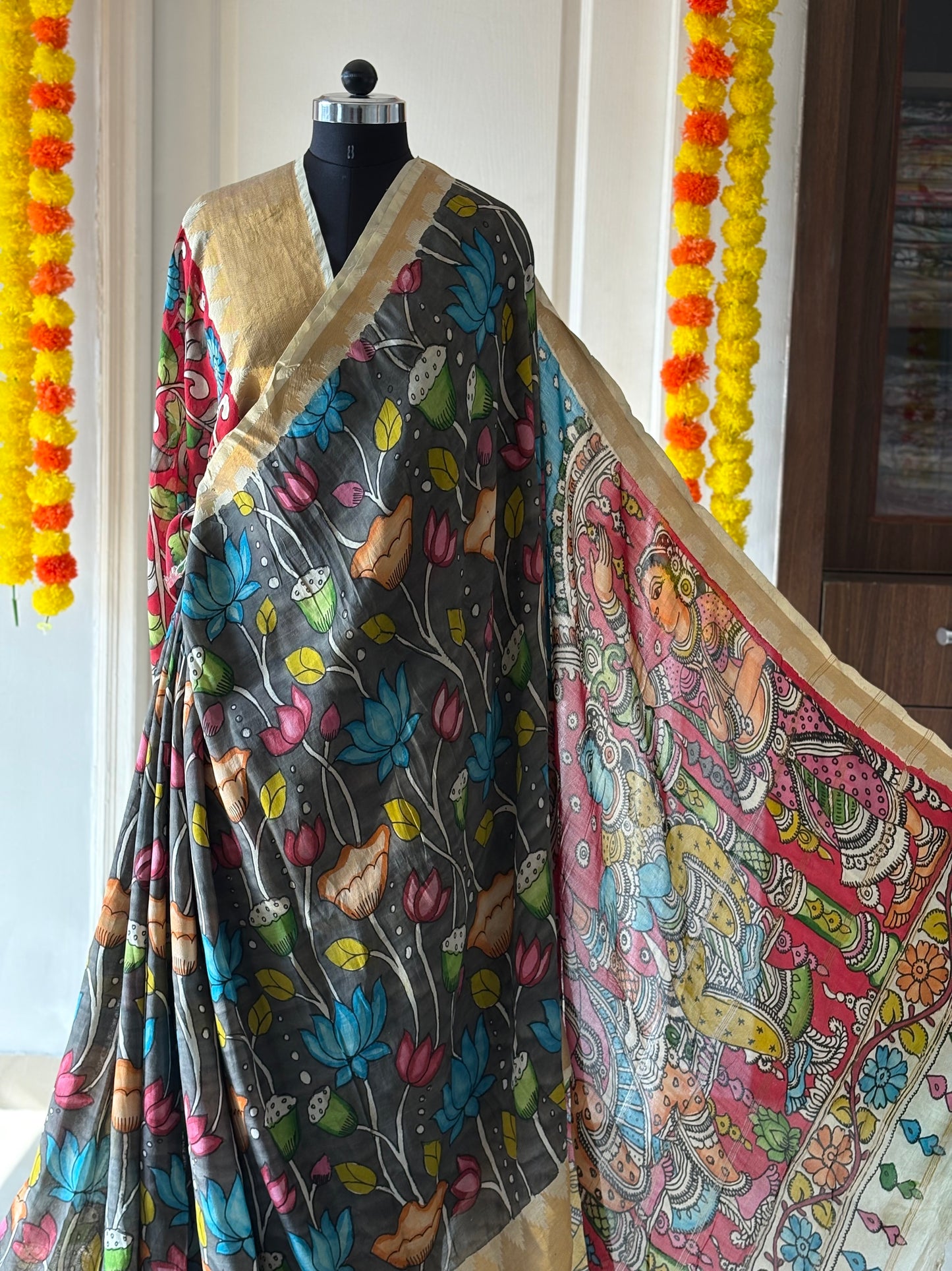 Pen Kalamkari hand painted Banglore Silk Saree with blouse