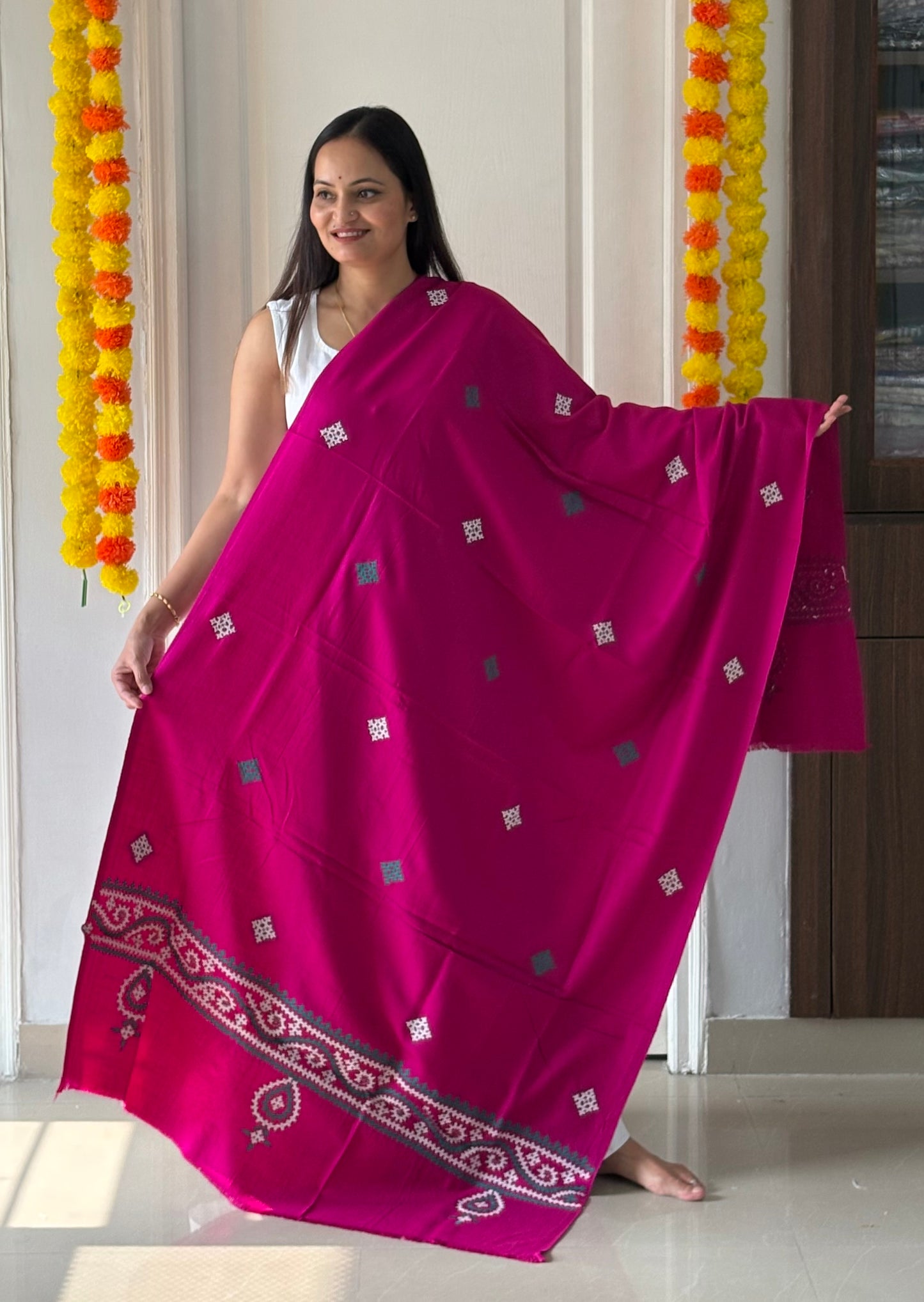 Gujrati Stitch Hand Embroidered Woollen Warm Shawl